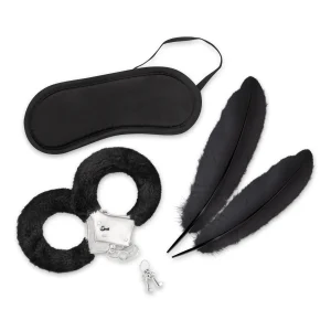 Kit negro de esposas antifaz y plumasTienda erotica Torrejon