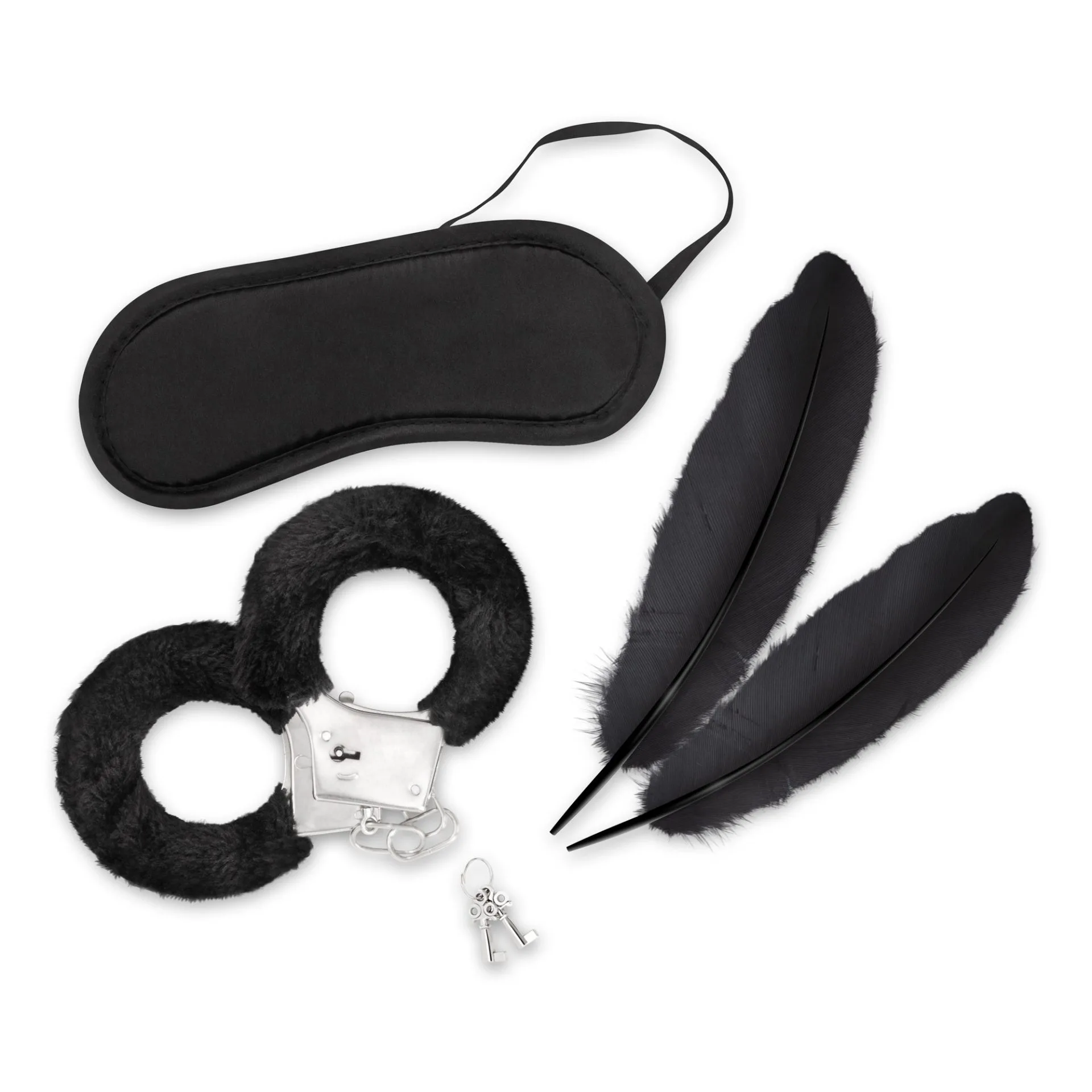 Kit negro de esposas antifaz y plumas